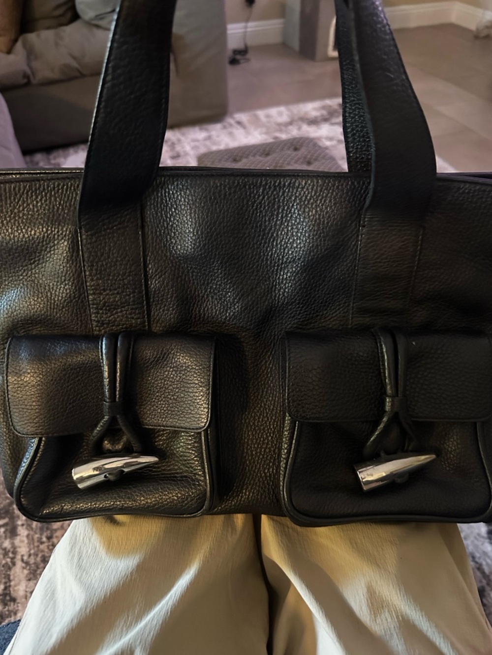 Burberry Black Leather Tote with Dual Front Flap Pockets